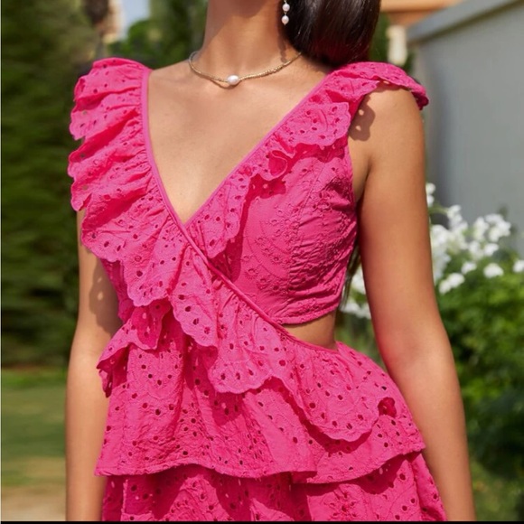 Pink / fuchsia Ruffle Trim Cut Out Eyelet Embroidery mini Dress tiered - Picture 5 of 8